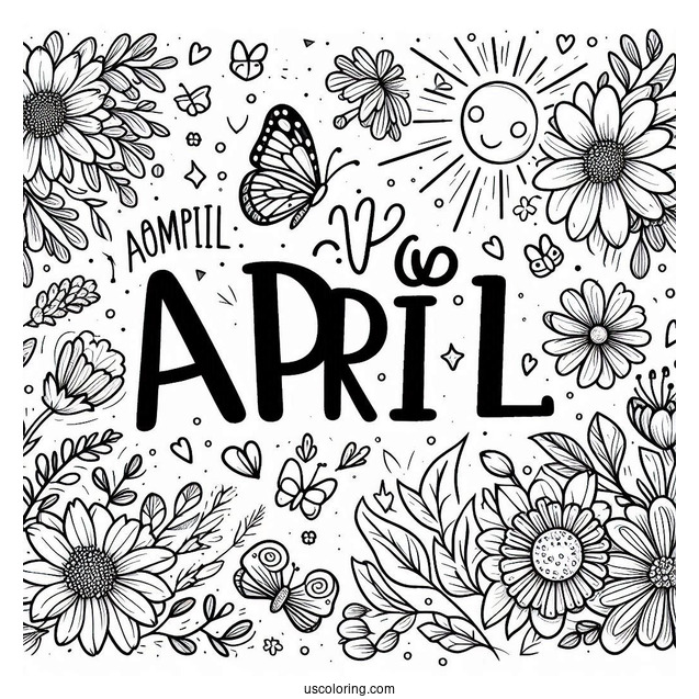April Coloring Page Fun Word On A Sunny Day With Flowers