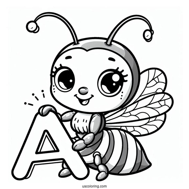 Cute Ant Coloring Page Holding Letter A For Kids