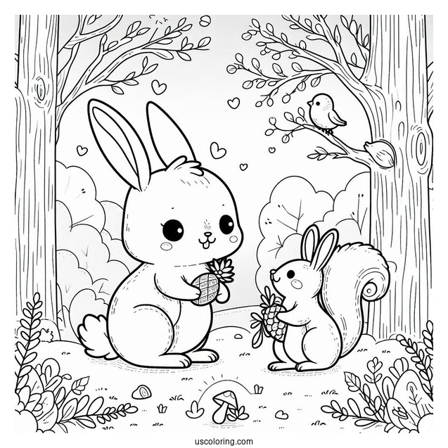 Cute Rabbit And Squirrel Playing In The Forest In April Coloring Page