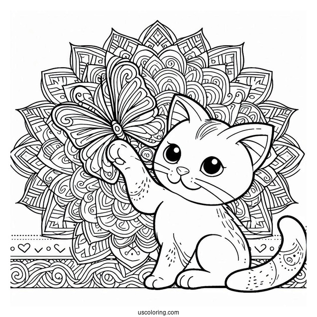 Cat Playing With A Butterfly Animal Mandala Coloring Page