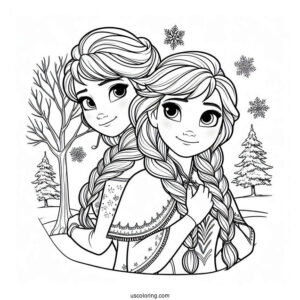 Frozen Anna And Elsa In Winter Coloring Sheet
