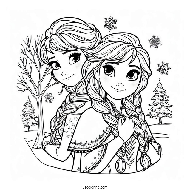 Frozen Anna And Elsa In Winter Coloring Sheet