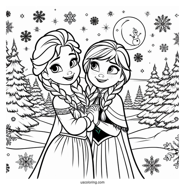 Frozen Anna And Elsa In Winter Coloring Sheet
