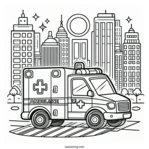 Cartoon Ambulance Coloring Page In The City For Kids
