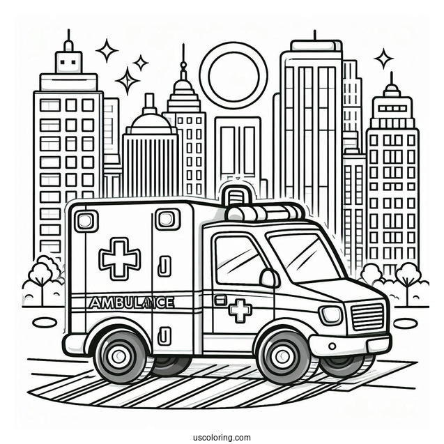 Cartoon Ambulance Coloring Page In The City For Kids