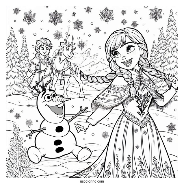Anna And Olaf Playing In The Snow Coloring Page
