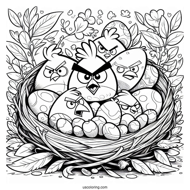 Coloring Page Of Angry Birds Around Eggs In Nest