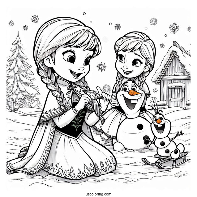 Anna And Olaf Playing In The Snow Coloring Page