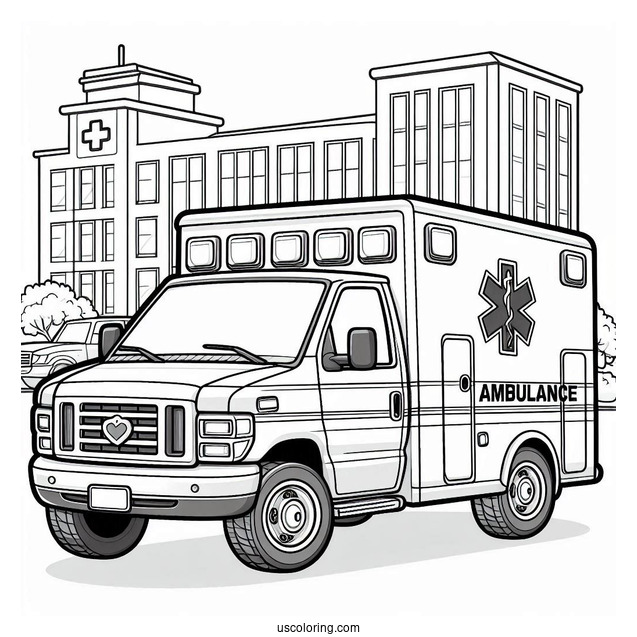 Ambulance Coloring Page Parked Beside A Hospital