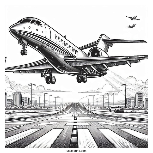 Private Jet Taking Off From Runway Coloring Page
