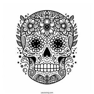 Sugar Skull With Flowers Abstract Coloring Page