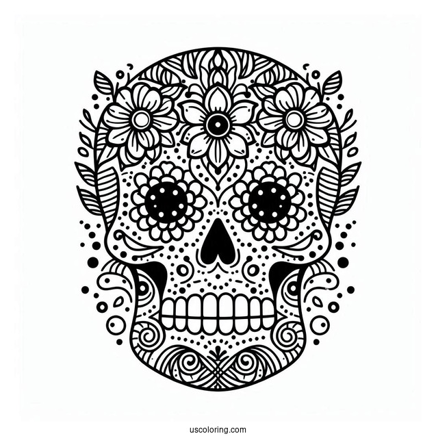 Sugar Skull With Flowers Abstract Coloring Page