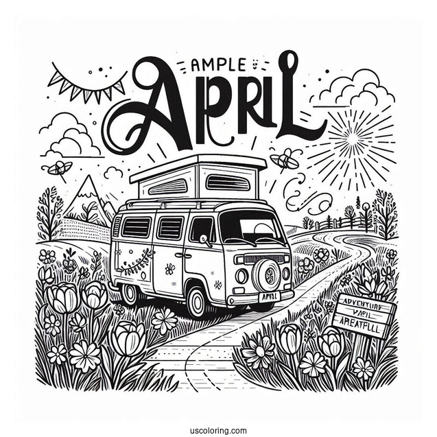 April Coloring Page Adventure Await Campervan In A Flower Field