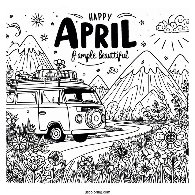 April Coloring Page Adventure Await Campervan In A Flower Field