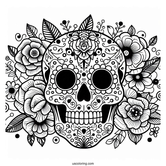 Sugar Skull With Flowers Abstract Coloring Page