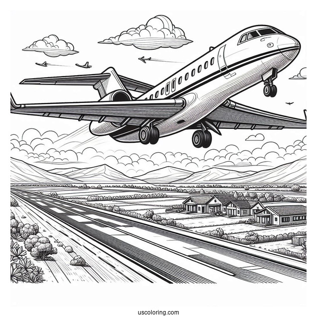 Private Jet Taking Off From Runway Coloring Page
