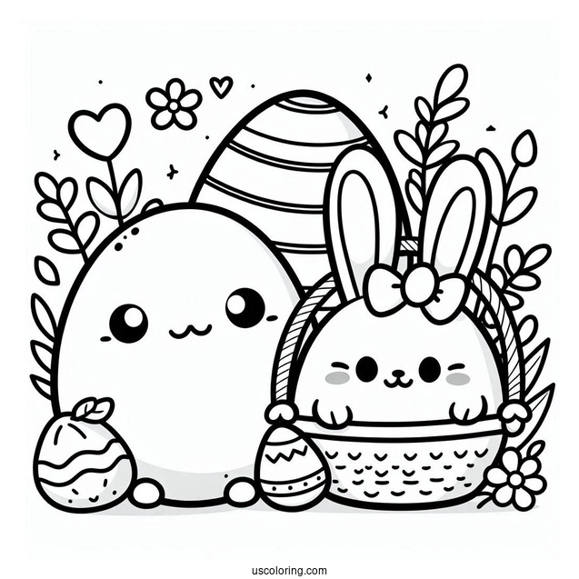 Kawaii Easter Egg And Bunny In April Coloring Page For Kids