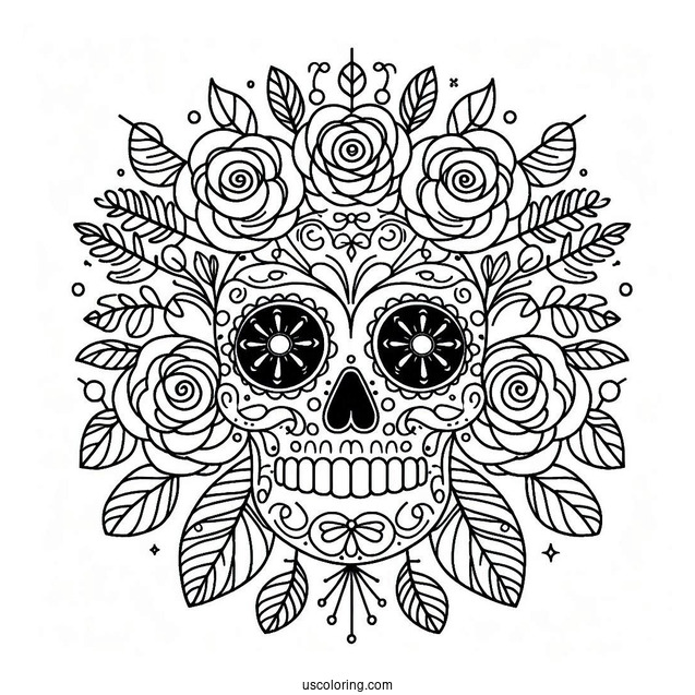 Sugar Skull With Flowers Abstract Coloring Page