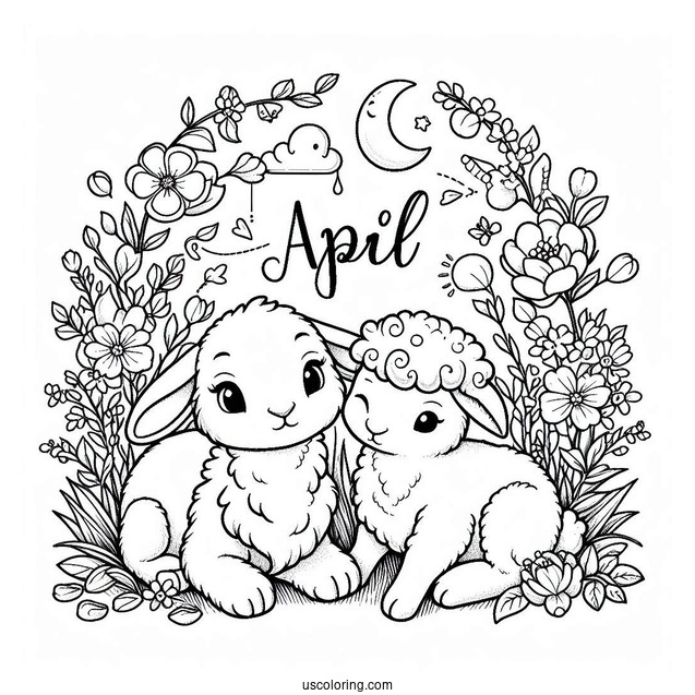 Lamb And Rabbit Under April Coloring Page Word For Kids