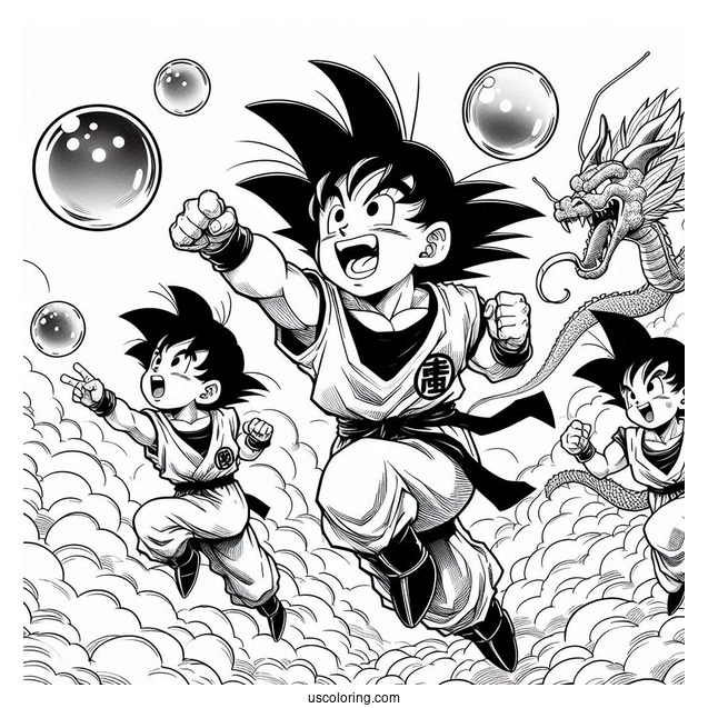 Goku, Gohan, Bulma, And Krillin Chasing Dragon Balls