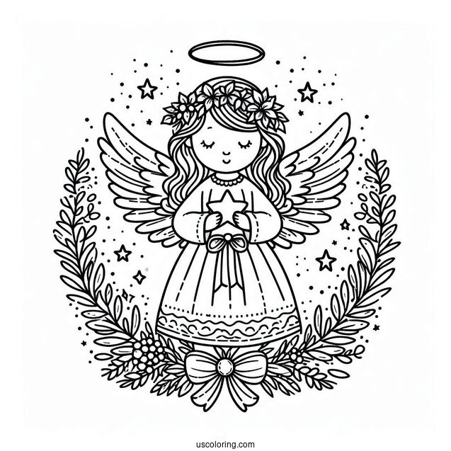 Angel Holding Star With Christmas Wreath