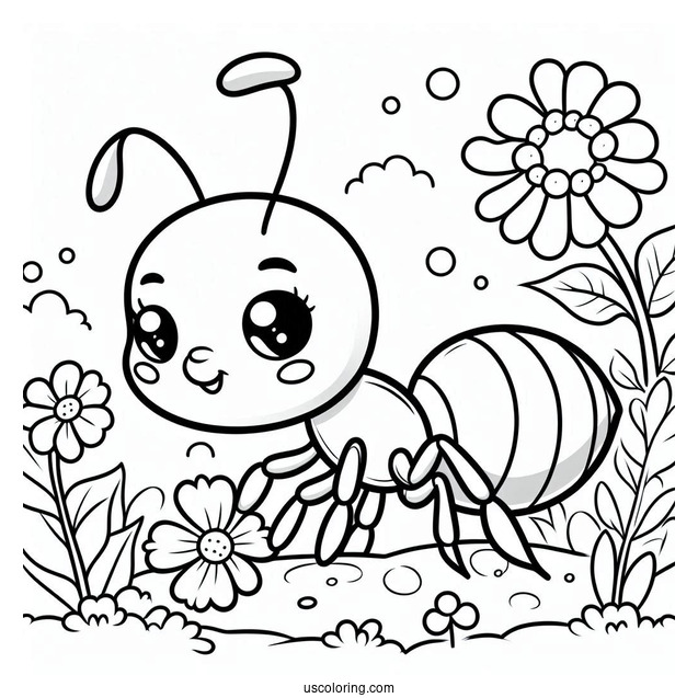 Cute Chibi Ant Coloring Page In A Garden For Preschoolers