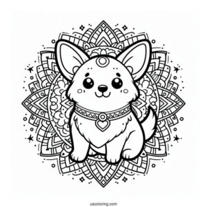 Kawaii Corgi With Collar Inside An Animal Mandala Coloring Page