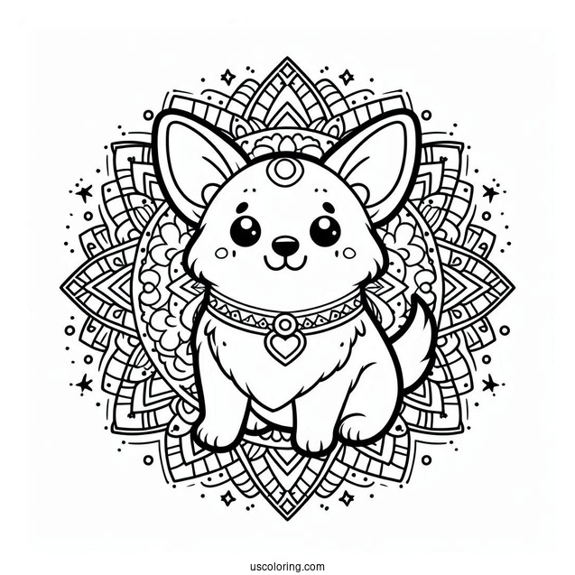 Kawaii Corgi With Collar Inside An Animal Mandala Coloring Page
