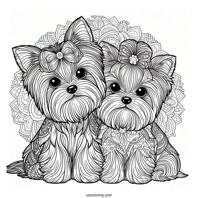 Two Adorable Yorkshire Terrier Dogs In Front Of Animal Mandala Coloring Page