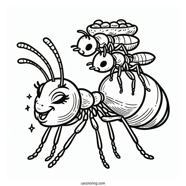 Ant Coloring Page Carrying Food With Queen Ant On Top