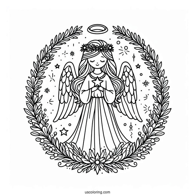 Angel Holding Star With Christmas Wreath