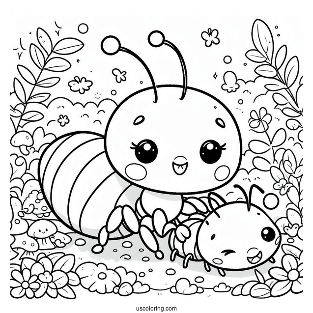Cute Chibi Ant Coloring Page In A Garden For Preschoolers