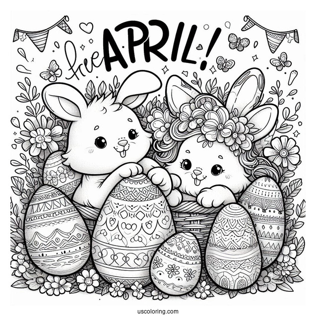 Fun April Coloring Page Word Above Massive Easter Eggs With Bunny