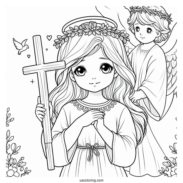 Young Angel Next To Jesus Cross To Color