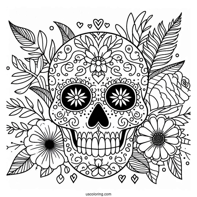 Sugar Skull With Flowers Abstract Coloring Page