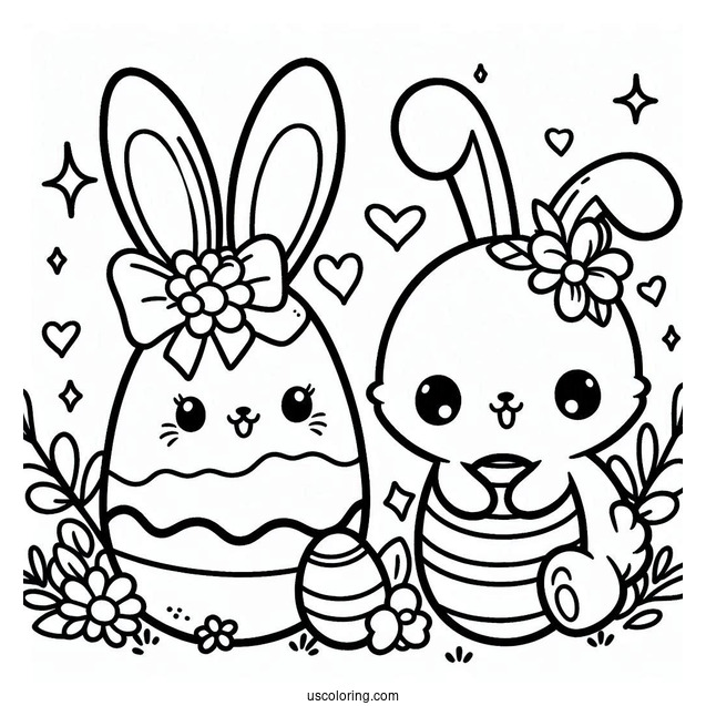 Kawaii Easter Egg And Bunny In April Coloring Page For Kids