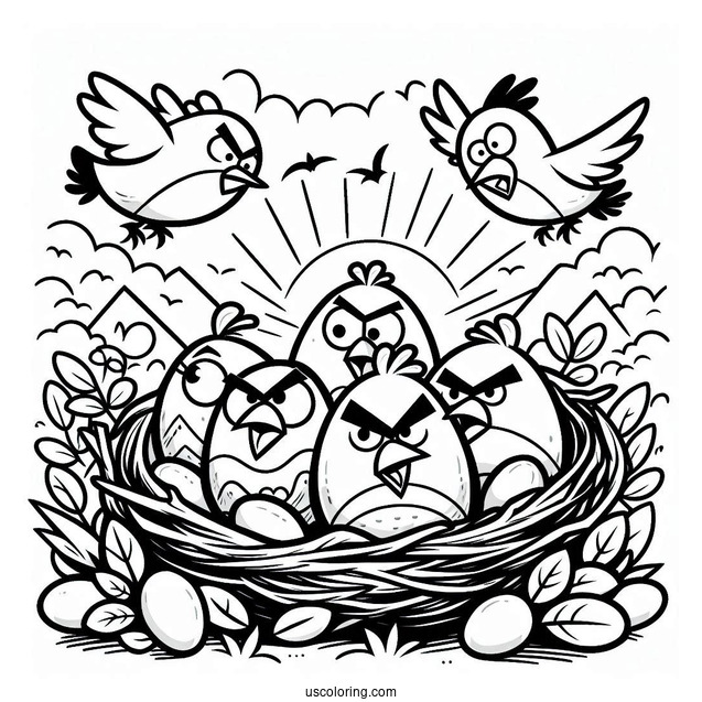 Coloring Page Of Angry Birds Around Eggs In Nest