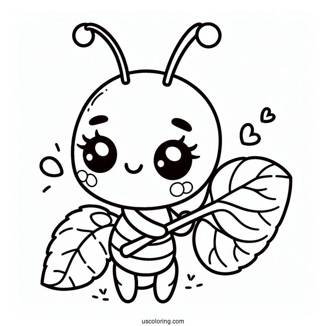 Kawaii Ant Coloring Page Holding A Leaf For Preschoolers