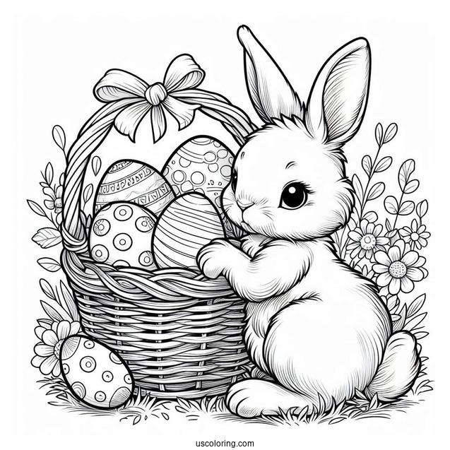 Detailed Easter Bunny Guarding Basket Of Eggs In April Coloring Page