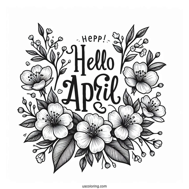Hello April Coloring Page Words Over Blooming Flowers