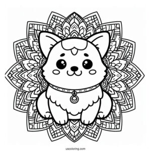 Kawaii Corgi With Collar Inside An Animal Mandala Coloring Page