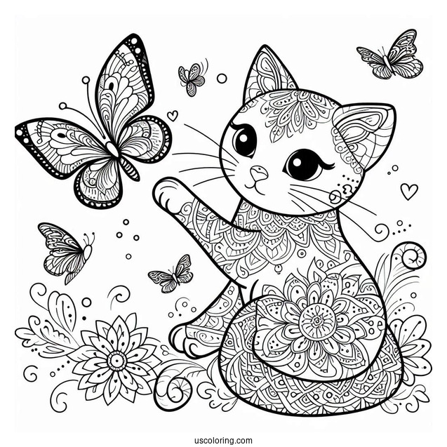 Cat Playing With A Butterfly Animal Mandala Coloring Page
