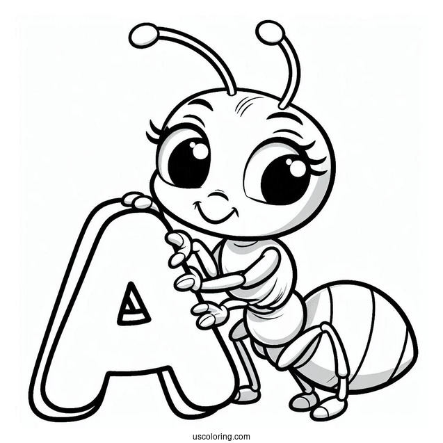 Cute Ant Coloring Page Holding Letter A For Kids