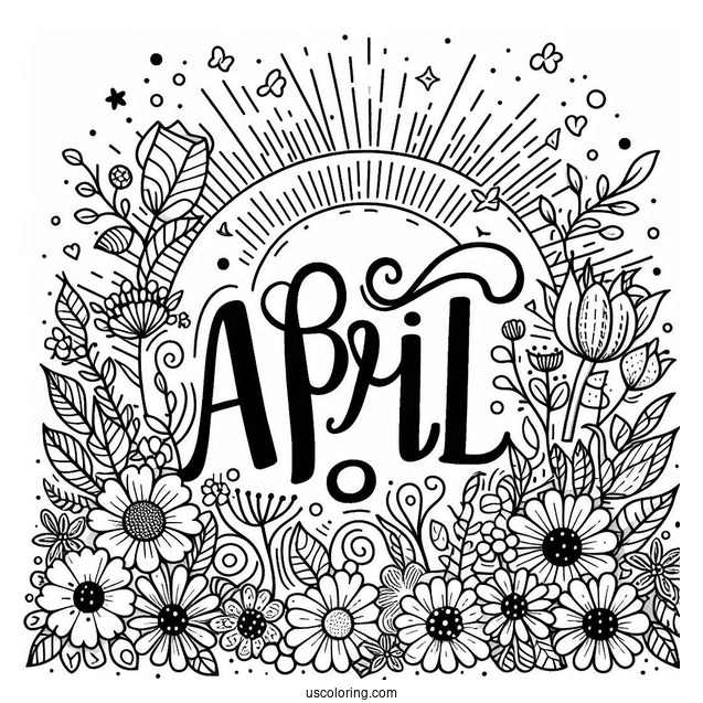 April Coloring Page Fun Word On A Sunny Day With Flowers
