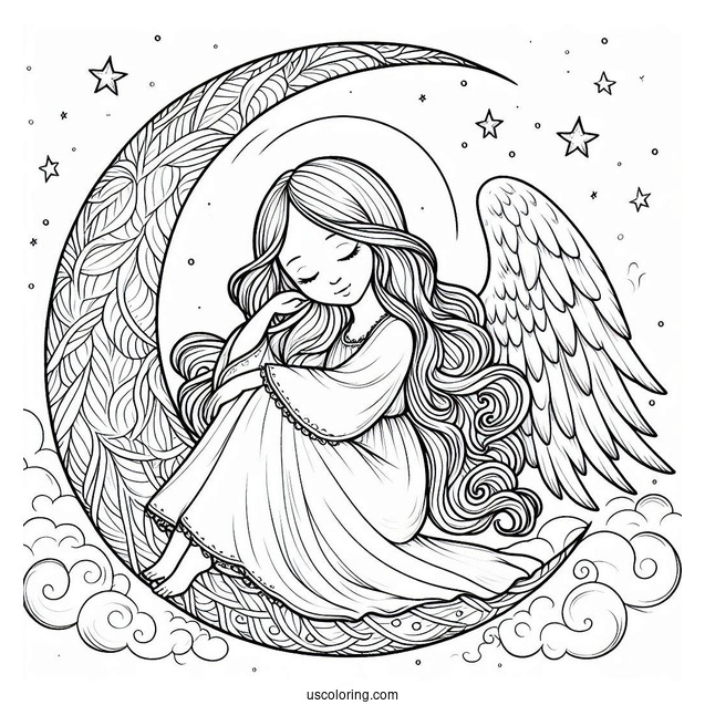Peaceful Angel Resting On Crescent Moon