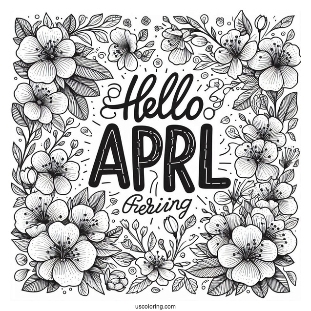 Hello April Coloring Page Words Over Blooming Flowers