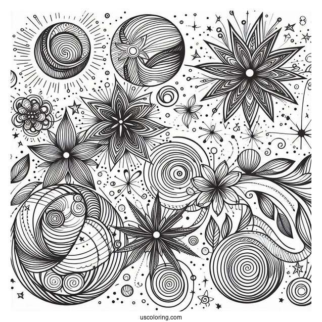 Circles, Stars, And Flowers Abstract Coloring Page