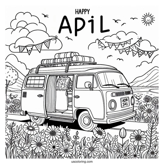 April Coloring Page Adventure Await Campervan In A Flower Field