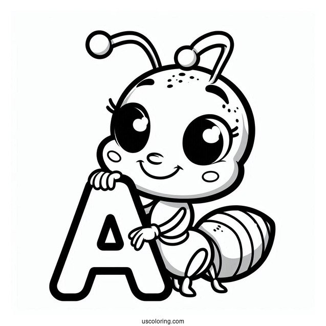 Cute Ant Coloring Page Holding Letter A For Kids