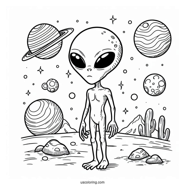 Coloring Page Of Alien On Faraway Planet